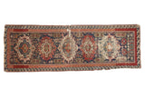 Vintage Seichor runner with geometric medallions, rectilinear flowers, and red wave border. Indigo blue field.