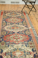 Vintage Seichor runner's geometric field, featuring indigo, madder red, and areas of natural wear.