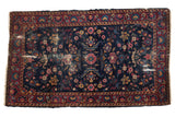 Vintage Persian Yezd rug, indigo blue field with floral vinery, cochineal red border, worn pile, 2'11