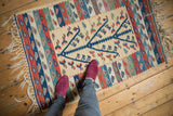 Detail of hand woven vintage Turkish Kilim with germinating tree of life motif and multi-colored striped borders.