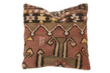 Vintage 16x16 Kilim throw pillow with geometric tribal patterns in rust, olive, and cream.
