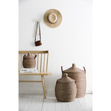Medium autumn brown lidded fair trade basket, hand-woven seagrass and plastic.
