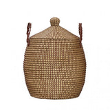 Hand-woven medium lidded basket, natural and autumn brown interwoven texture.