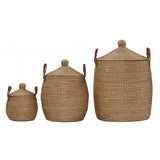 Large autumn brown lidded fair trade seagrass basket, shown with two smaller ones.