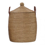 Hand-woven autumn brown and natural seagrass texture of the lidded storage basket.