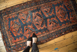 Vintage Persian Hamadan rug's brick red field, navy blue medallions, and germinating plant motifs.