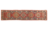 Vintage Tabriz runner rug, red field, floral medallions, navy meandering vine border, 2'4