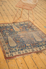 Antique Afshar rug, triple Cyprus tree motif, sky blue, madder root, with mostly even wear.