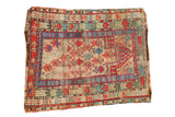 Vintage Caucasian square rug, unusual geometric germinating flowers in red, blue, ivory; 2'7