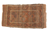 Antique Belouch rug with hooked gul pattern, abrashed madder red, blush, mauve. 2'8