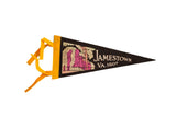 Vintage Jamestown, VA felt flag in black with a pink graphic of a historic ruin and yellow felt ties.