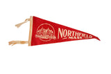 Vintage Northfield, Mass. felt pennant, red with cream Northfield Chateau graphic and text, 7.5x17.5 inches.