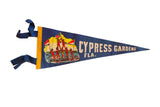 Vintage navy blue felt Cypress Gardens Florida pennant, colorful waterskiing pyramid, 6x15 inches.