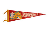 Red vintage Yellowstone National Park felt pennant featuring Old Faithful, a bear, and Great Falls.