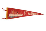 Vintage S/S Trade Wind red felt pennant featuring white steamship graphic, blue water, and yellow edge.