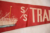 Cream S/S TRA lettering and ship mast detail on red vintage felt flag.
