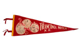 Vintage Franconia Notch NH felt pennant, red with cream illustrations, 9 x 26.5 inches.