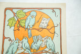 Blue bird with glasses and baton, music sheet, green leaves, orange background.