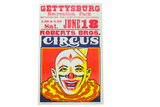 Vintage Roberts Bros. Circus poster with a vibrant smiling clown graphic in red, yellow, and blue.