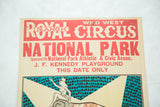Vintage Royal Ranch Wild West Circus poster's aged red title, pinholes, partial woman figure.