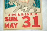 Vintage circus poster showing red 'SUN. MAY 3' text, elephant legs, and pinhole.