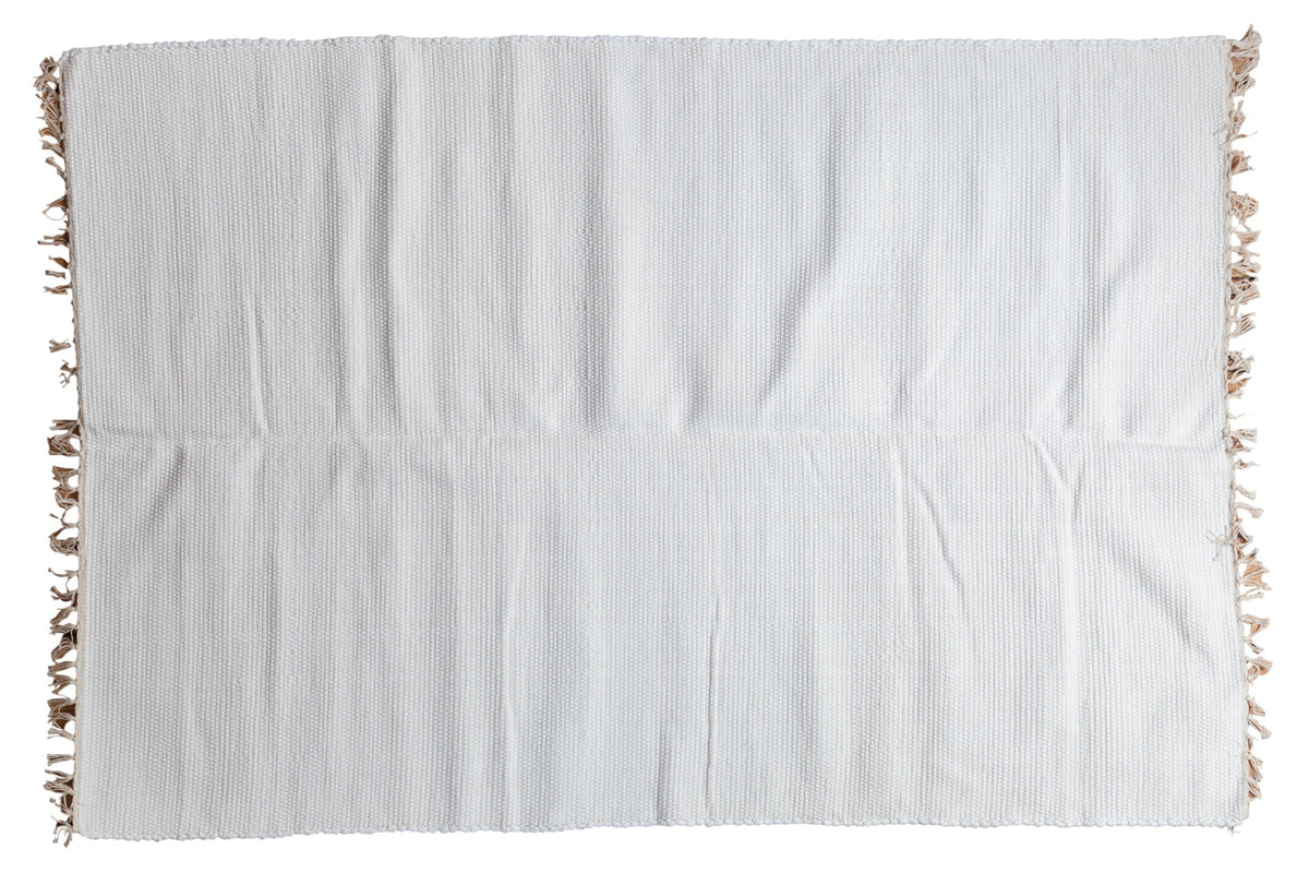 Natural off-white organic cotton rag rug, soft woven texture, fringed ends, 4x6.