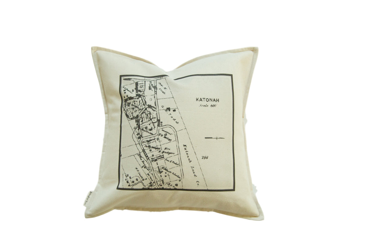 A square cotton throw pillow with a black antique map graphic of Katonah, NY.
