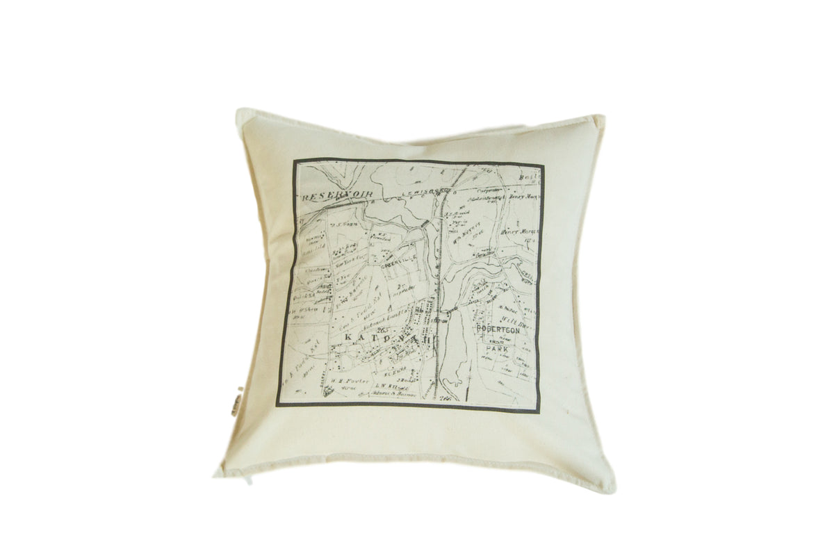 Cream cotton throw pillow featuring a black and white antique map of Katonah, NY.
