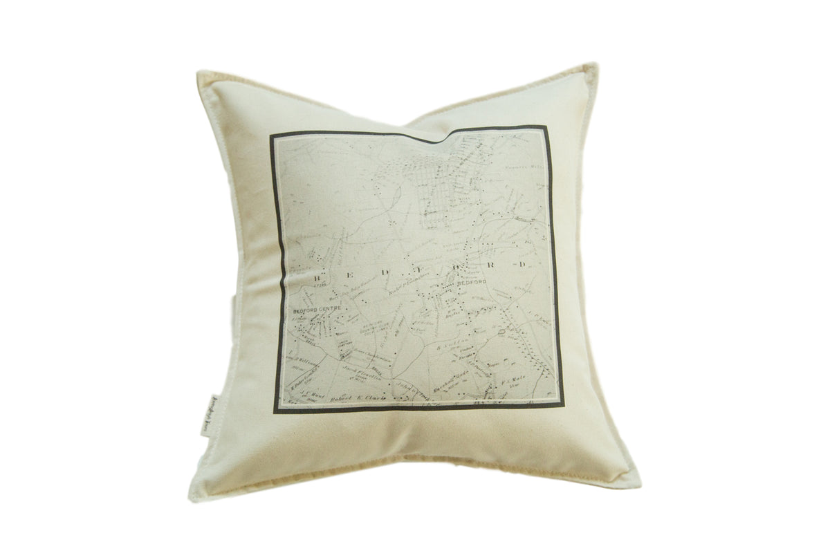 Cream cotton throw pillow with an antique map of Bedford, New York, 18x18.