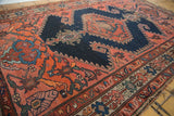 Antique Fine Malayer rug with rams horn motif, scrolling vinery in navy and faded brick red.