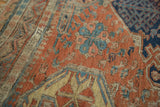 Antique Caucasian Soumac geometric flatweave with madder red, sky blue, and visible foundation.