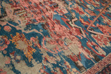 Antique Karabagh Soumac rug's asymmetric design, worn pile, revealed foundation, teal, rose, saffron tones.