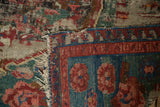 Antique Karabagh Soumac rug with tattered fringe, worn edge, and flatweave border detail.