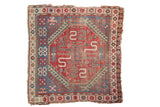 Hand knotted vintage Caucasian square rug, red field, blue border, geometric serpent medallion.