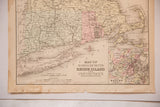 Antique map of Massachusetts, Rhode Island, Connecticut, in beige, blue-green, with light wear.