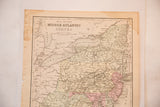 Antique Middle Atlantic States map, showcasing pastel states, cities, and topographical details.