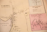 Close-up of an antique Carmel, NY map showing a pink inset and local business directory.