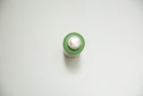 Green vintage dental powder tin lid, top view with a worn silver cap.