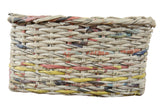 Vintage Japanese Newspaper Basket, hand-woven from newsprint with diverse colorful text.