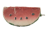 Vintage 1930s Mexican folk art clay watermelon piggy bank, red and green, with aged, chipped texture.