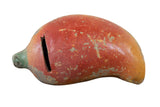Vintage Mexican folk art chili pepper piggy bank, distressed reddish-orange with green stem.