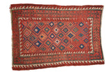 Antique Caucasian rug, cherry red geometric diamond lattice, multi-color wave borders, circa 1910.