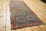 Antique Heriz rug fragment border featuring serrated leaves, rambling vine, sky blue, madder red.
