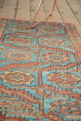 Serrated leaf and floral designs in sky blue and madder red on antique Heriz fragment.