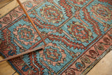 Pattern detail of antique Heriz rug fragment featuring geometric palmettes, serrated leaves, sky blue, and red.