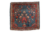 Vintage Lilihan square rug, indigo blue field with cranberry red floral palmette.