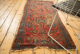 Vintage Lilihan rug with curvilinear Gerus arabesques; raspberry red, sky blue, mallard green.