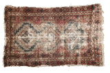 Vintage Hamadan rug, worn stepped medallion, vine borders, muted red, blue, ivory. 3'3