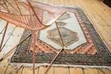 Vintage Ardebil rug corner with apricot bird spandrel, sage green border, and visible pile wear.