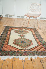 Vintage Ardebil rug close-up: white fringe with loss, apricot and green bird motif borders.